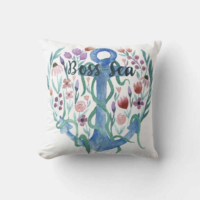 Boss Sea Quote Anchor Flowers Leaves Watercolor Cushion (Front)