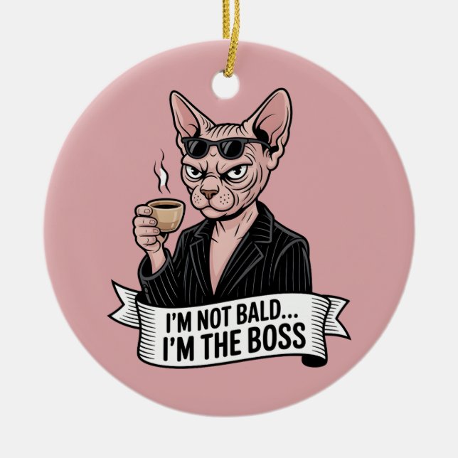 Boss Sphynx Cat Coffee Artwork Ceramic Tree Decoration (Front)