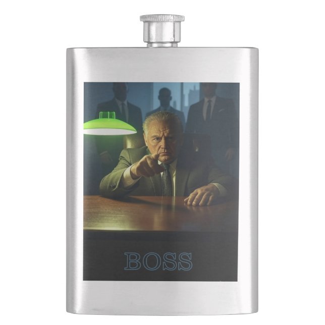 Boss w text stainless steel flask (Front)