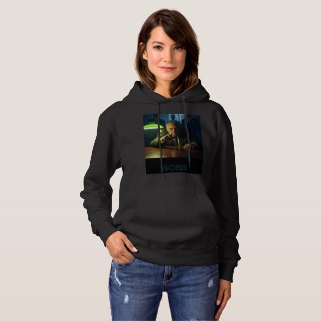 Boss w text women black hooded sweatshirt (Front Full)