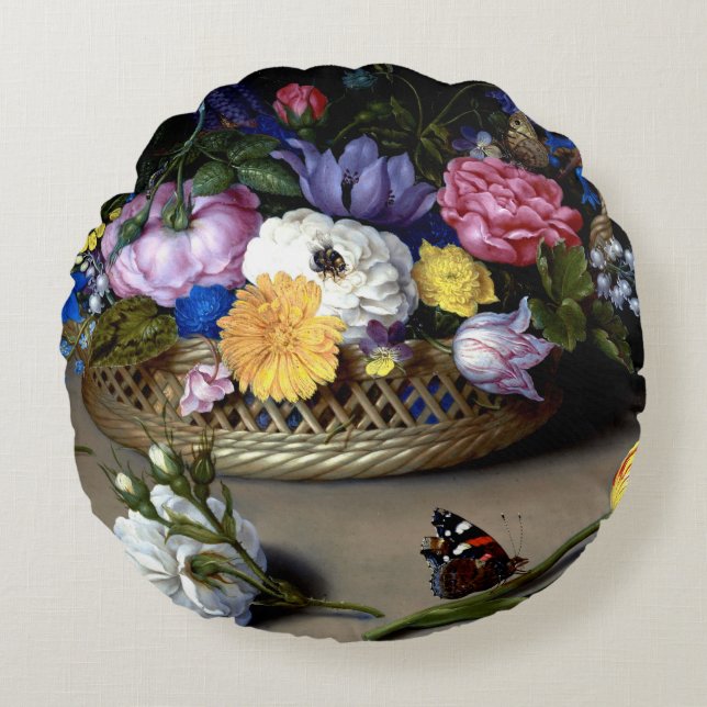 Bosschaert Flower Still Life Insects Dutch Art Rou Round Cushion (Front)