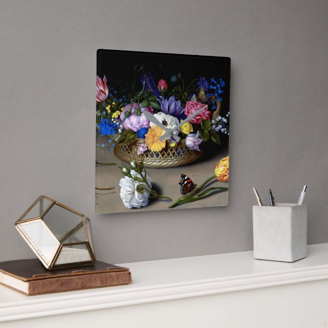 Bosschaert Flower Still Life Insects Dutch Art Square Wall Clock (Office)