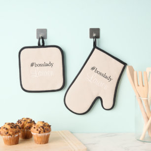 #Bosslady Pink Calligraphy Custom Name Oven Mitt & Pot Holder Set