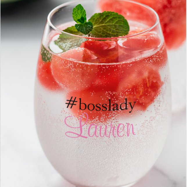 #Bosslady | Pink | Calligraphy | Custom Name Stemless Wine Glass (Creator Uploaded)