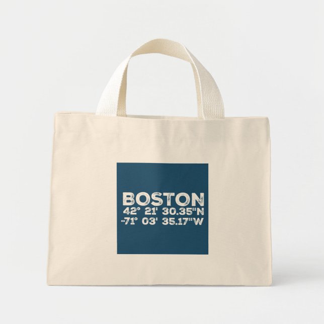 Boston and Coordinates in Distressed Font Mini Tote Bag (Front)