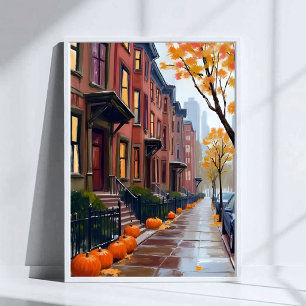 Boston Autumn Brownstones Pumpkin Watercolor Poster