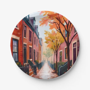 Boston Autumn Watercolor Beacon Hill Massachusetts Paper Plate