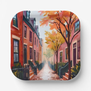 Boston Autumn Watercolor Beacon Hill Massachusetts Paper Plate