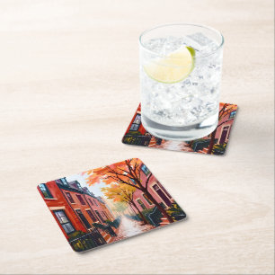 Boston Autumn Watercolor Beacon Hill Massachusetts Square Paper Coaster