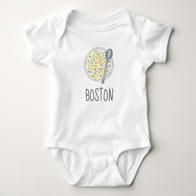 BOSTON Baby Massachusetts Clam Chowder Foodie Soup Bodysuit (Front)