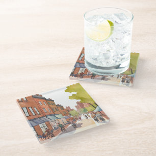 Boston Bike Ride   North End Watercolor MA Glass Coaster