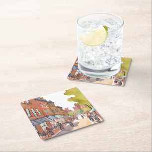 Boston Bike Ride North End Watercolor MA Square Paper Coaster