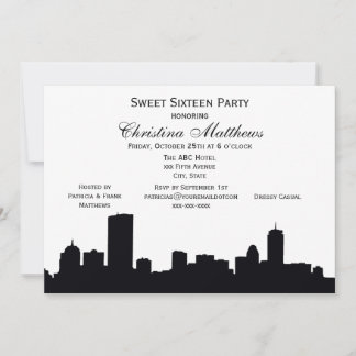 Boston Black Skyline Silhouette Sweet 16 Party Invitation