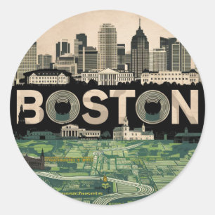 Boston, Boston Massachusetts City Skyline With Map Classic Round Sticker