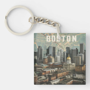 Boston, Boston Massachusetts City Skyline With Map Key Ring