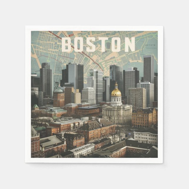 Boston, Boston Massachusetts City Skyline With Map Napkin (Front)