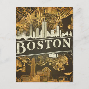 Boston, Boston Massachusetts City Skyline With Map Postcard