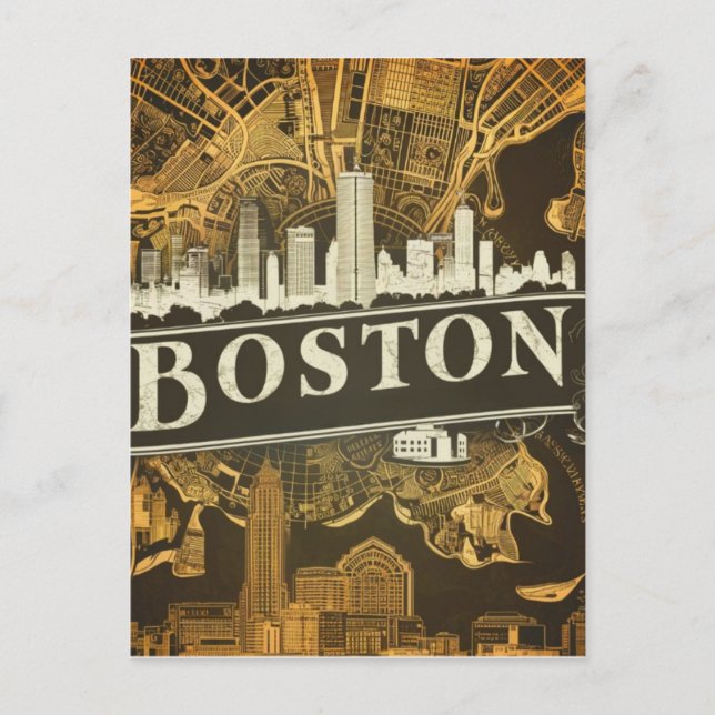 Boston, Boston Massachusetts City Skyline With Map Postcard (Front)