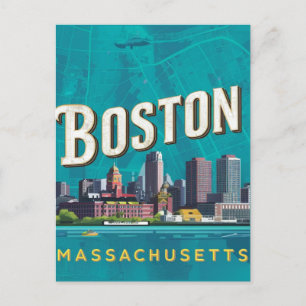 Boston, Boston Massachusetts City Skyline With Map Postcard