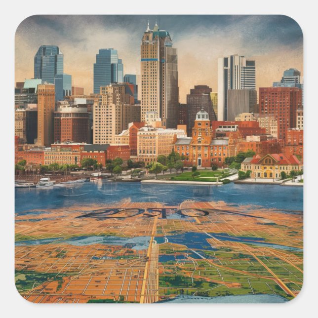 Boston, Boston Massachusetts City Skyline With Map Square Sticker (Front)