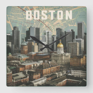 Boston, Boston Massachusetts City Skyline With Map Square Wall Clock