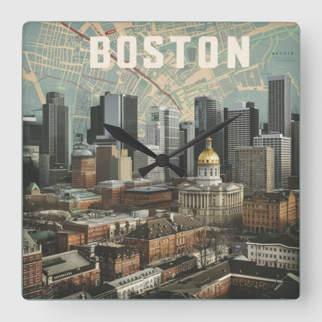 Boston, Boston Massachusetts City Skyline With Map Square Wall Clock (Front)