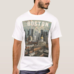 Boston, Boston Massachusetts City Skyline With Map T-Shirt