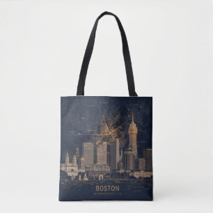 Boston, Boston Massachusetts City Skyline With Map Tote Bag