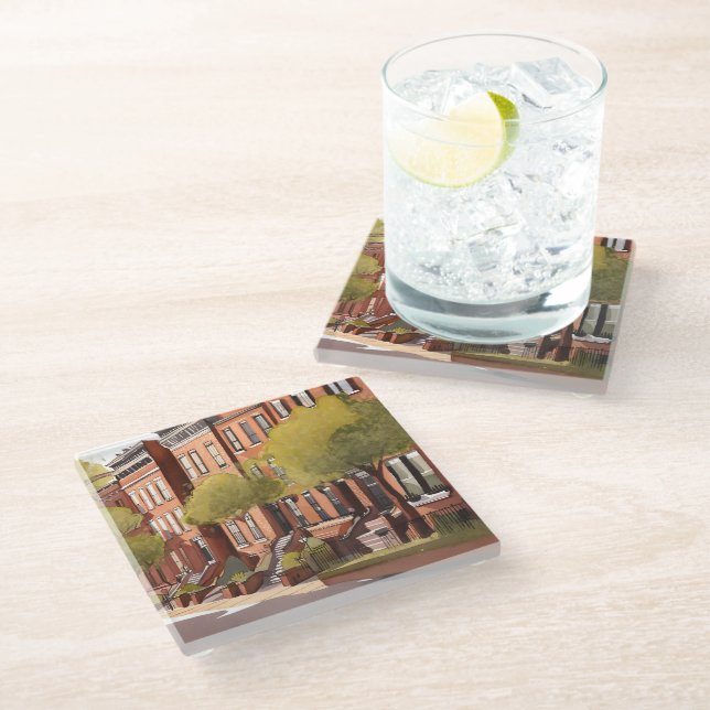 Boston Brownstones | Beacon Street Watercolor Glass Coaster (Angled)