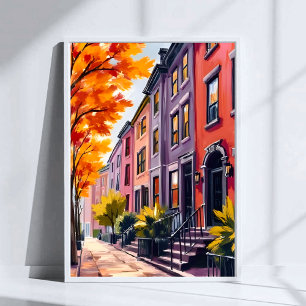 Boston Brownstones Watercolor Massachusetts Poster