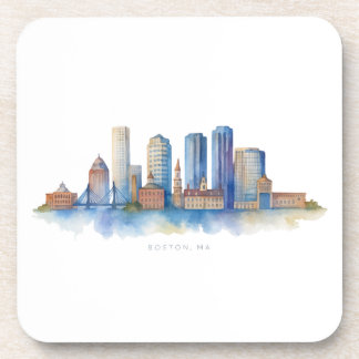 Boston City Skyline Watercolor | Modern Boston MA Coaster