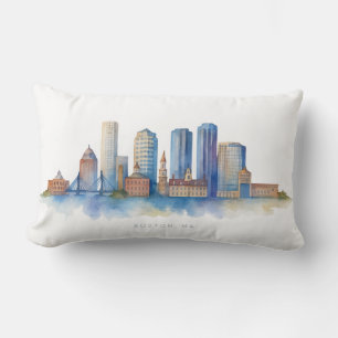 Boston City Skyline Watercolor   Modern Boston MA  Lumbar Cushion