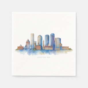 Boston City Skyline Watercolor Modern Boston MA Napkin