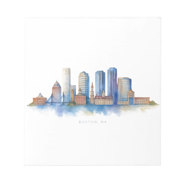 Boston City Skyline Watercolor | Modern Boston MA  Notepad (Front)