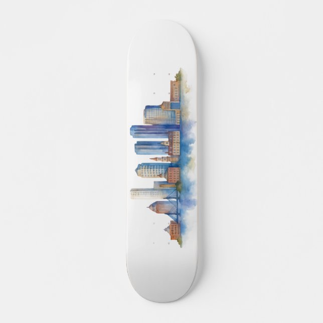 Boston City Skyline Watercolor | Modern Boston MA  Skateboard (Front)