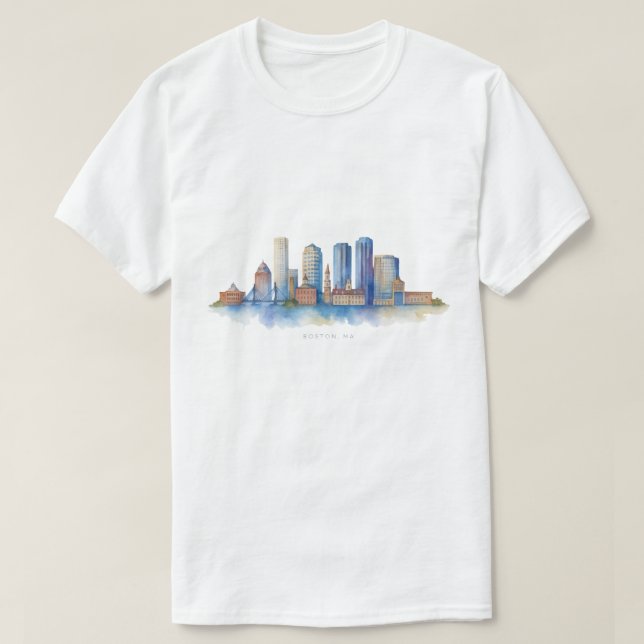 Boston City Skyline Watercolor | Modern Boston MA  T-Shirt (Design Front)