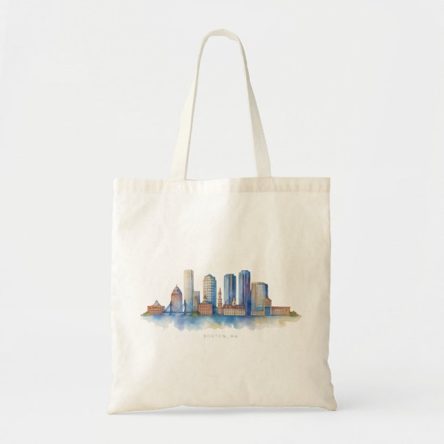 Boston City Skyline Watercolor | Modern Boston MA  Tote Bag (Front)