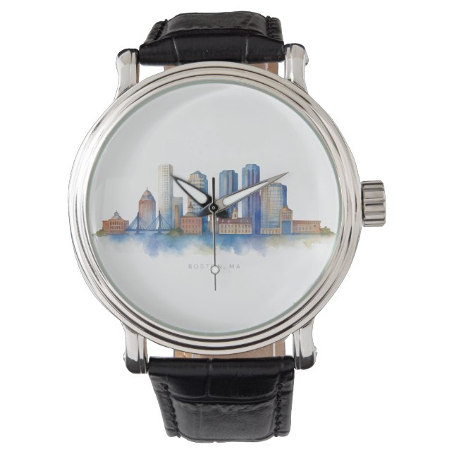 Boston City Skyline Watercolor | Modern Boston MA  Watch (Front)
