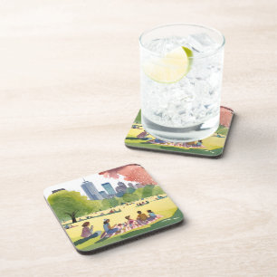 Boston Common Picnic Summer Watercolor Painting Coaster