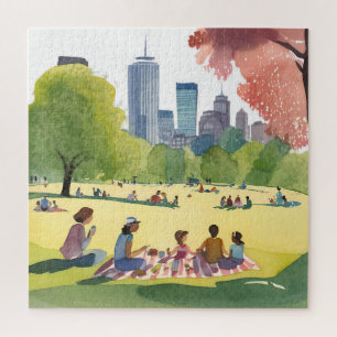 Boston Common Picnic   Summer Watercolor Painting Jigsaw Puzzle