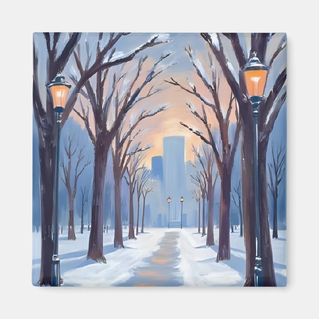Boston Common Winter Snowfall Watercolor Magnet (Front)