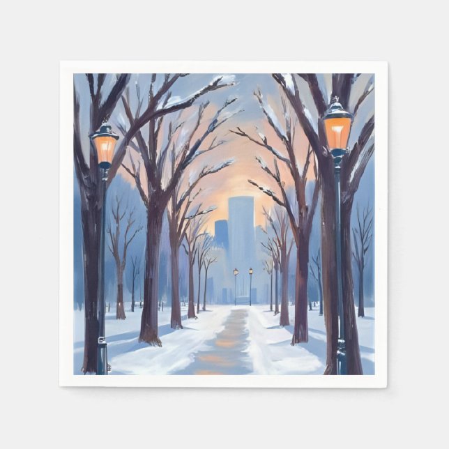 Boston Common Winter Snowfall Watercolor Napkin (Front)