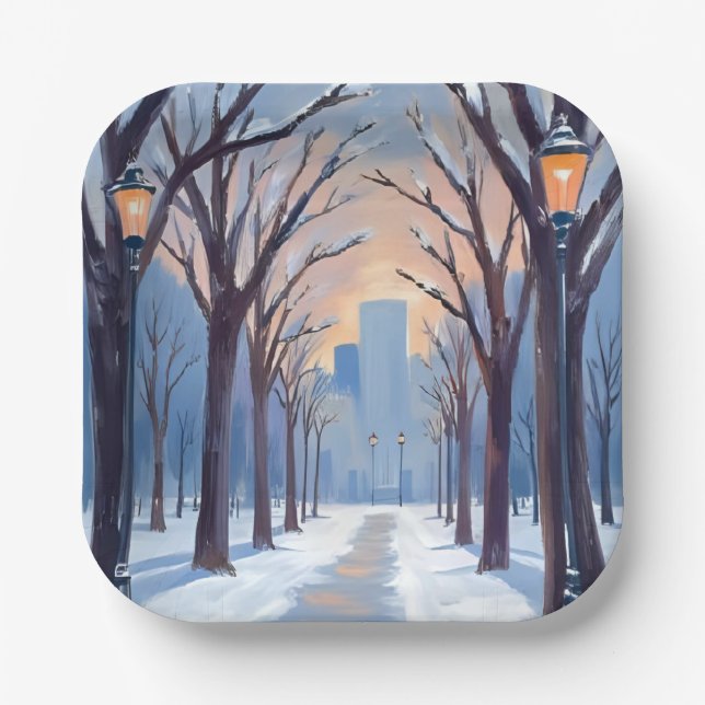 Boston Common Winter Snowfall Watercolor Paper Plate (Front)