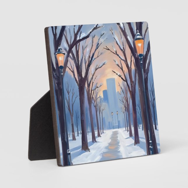 Boston Common Winter Snowfall Watercolor Plaque (Front)