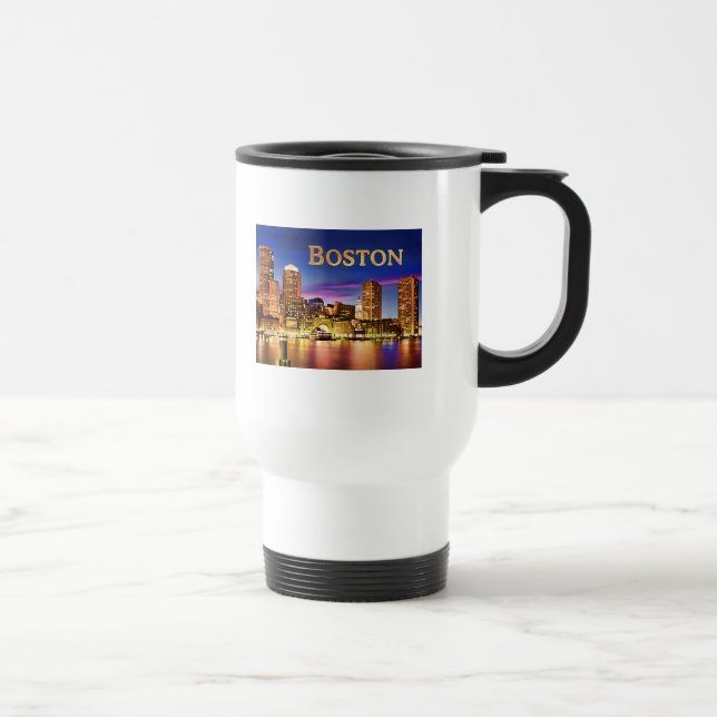 Boston Harbour at Night text BOSTON Travel Mug (Right)