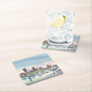 Boston Harbour   Boston Massachusetts Watercolor Square Paper Coaster