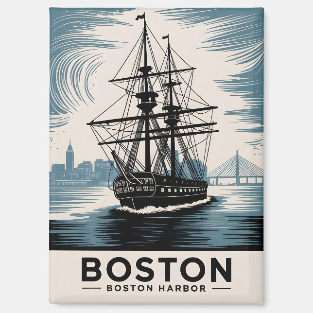 Boston Harbour Retro Illustration Tall Ship Classi Magnet (Front)