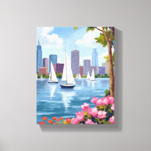 Boston Harbour Spring Boat Bay City Skyline Canvas Print