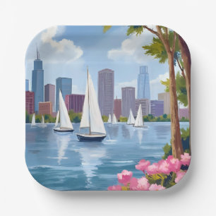 Boston Harbour Spring Boat Bay City Skyline Paper Plate
