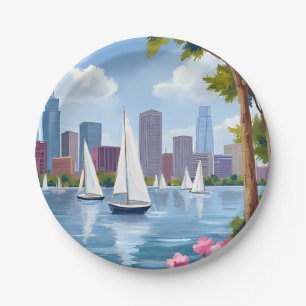 Boston Harbour Spring Boat Bay City Skyline Paper Plate